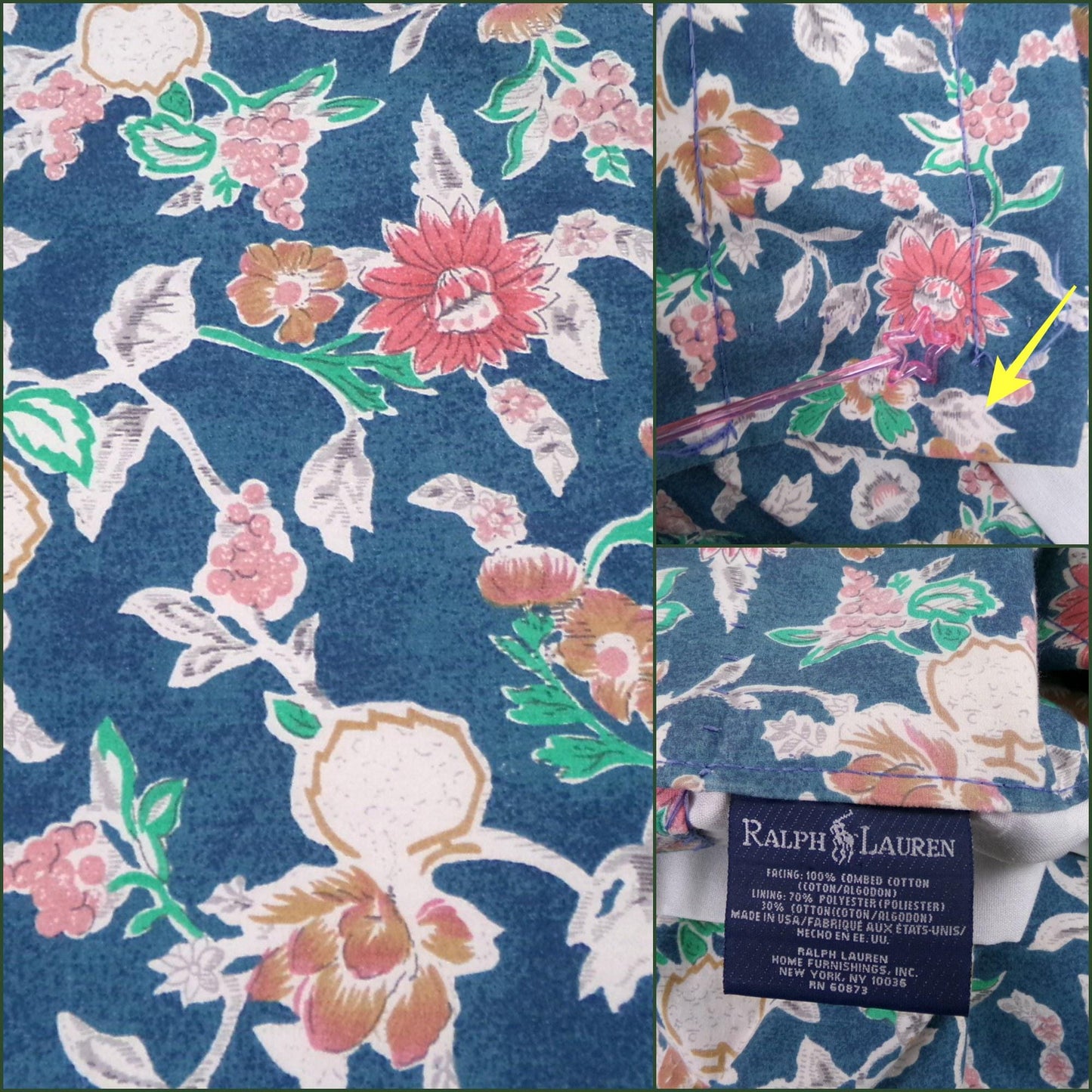 Ralph Lauren Curtain Set in Iconic Jardin Floral, Vintage Pair of Blue 1990s Window Drapery Panels, Valance & Tiebacks, Cotton, Made in USA