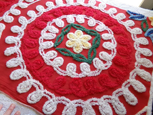 passion red vintage chenille fabric, large circular labyrinth of curlicues, large 32" x 23" cut piece for sewing, wall hanging, quilts