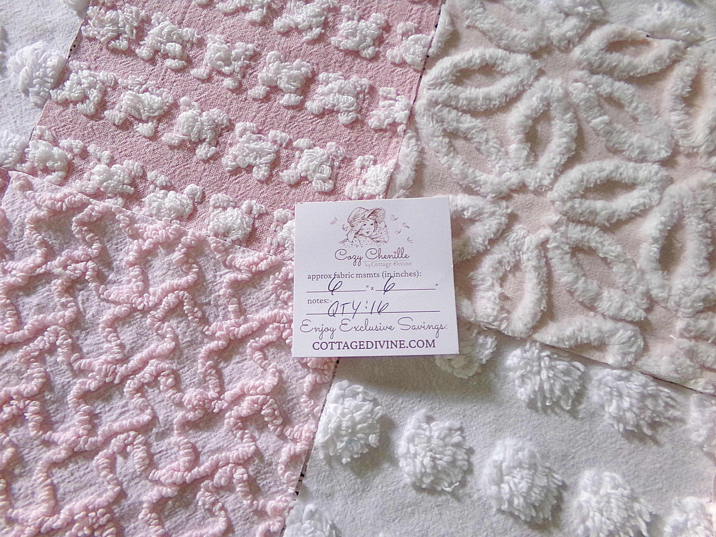 Whispertone Pink Quilt Squares Set from Vintage Chenille Bedspread Fabric, 16 Blocks, 6" x 6" inch
