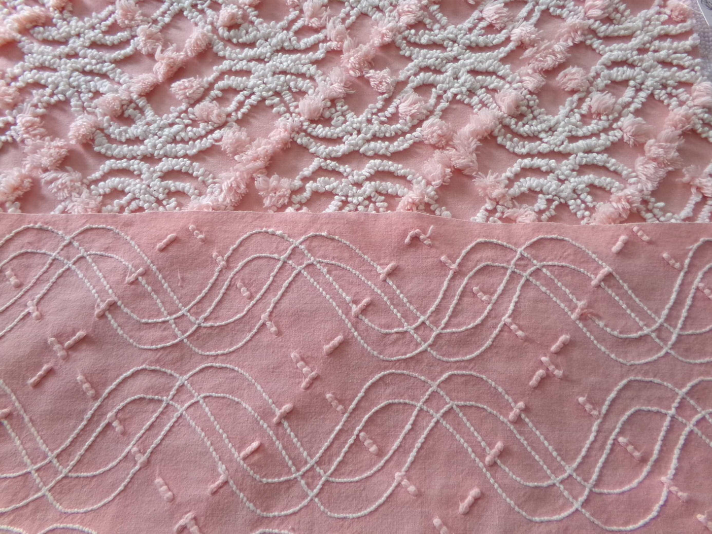 infinity tuft fabric textured pink & white, 18" x 24" piece from a vintage chenille bedspread, popular sewing quilt material