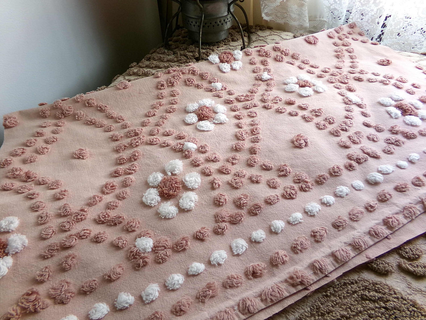 Hippie Daisy Vintage Chenille Fabric, 23" x 20" Cut Piece, 100% Cotton Handmade Sewing Material, Great Boho Design for Quilts & Crafts