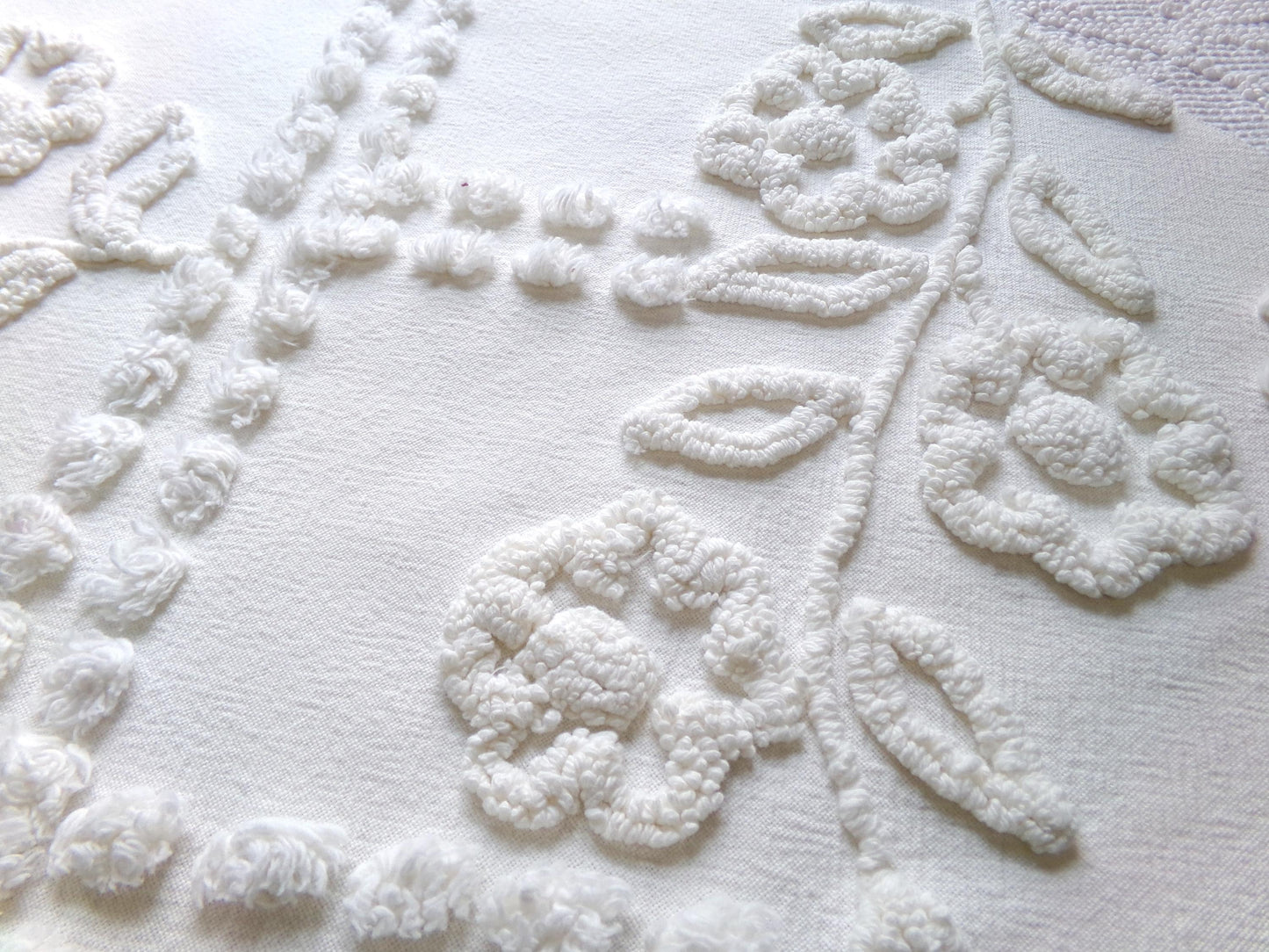 Elegant White Floral Chenille Fabric: Vintage Cottage Style 23" x 15" Cut Piece
