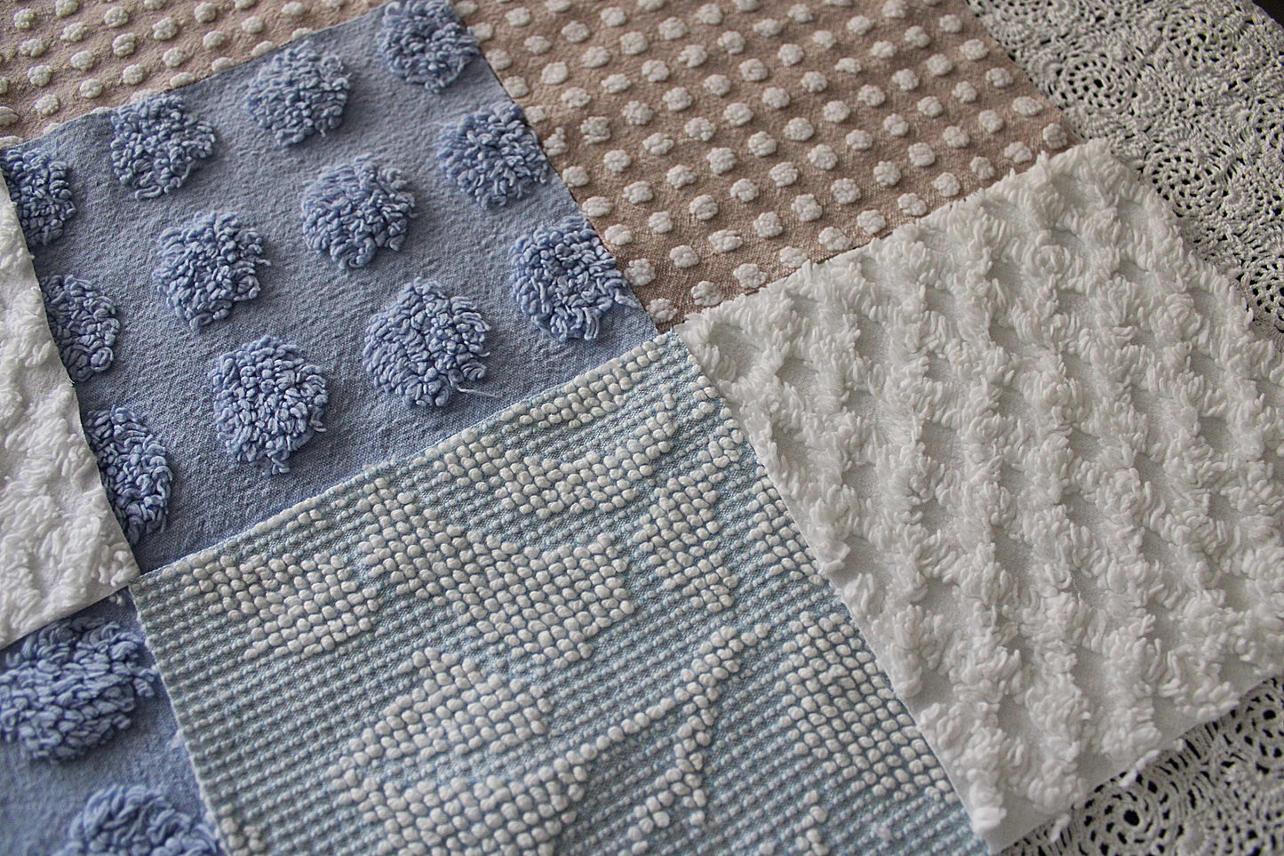 Serene Shores Vintage Chenille Fabric Squares, Blue, White & Sand Craft Square Set, 16 Blocks, 6" x 6" inch, Modern Chic