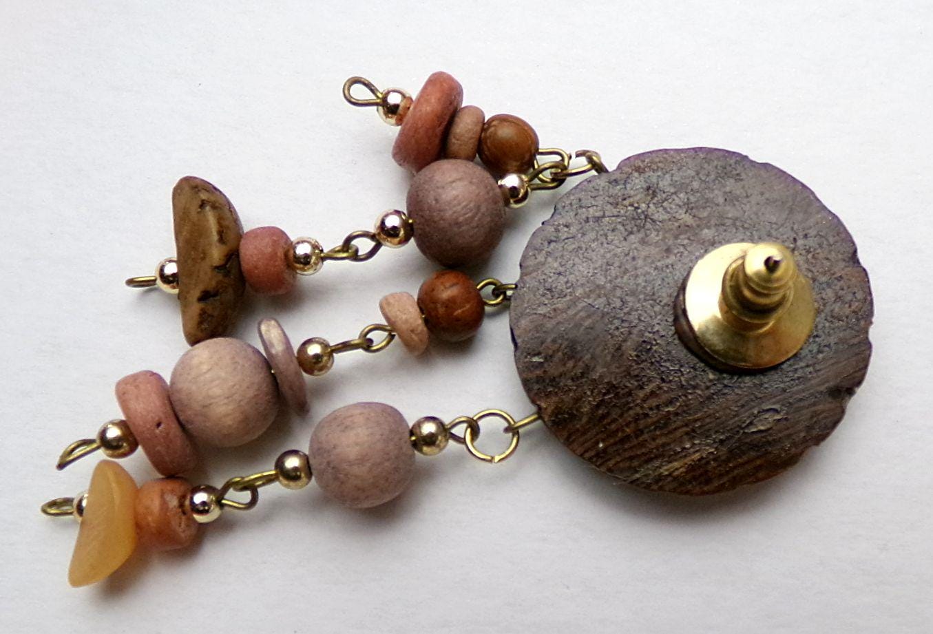 Carved Wood Daisy Dangle Pierced Earrings with Bangles, Vintage Silver Forest Vermont Hippie Boho Artisan Style