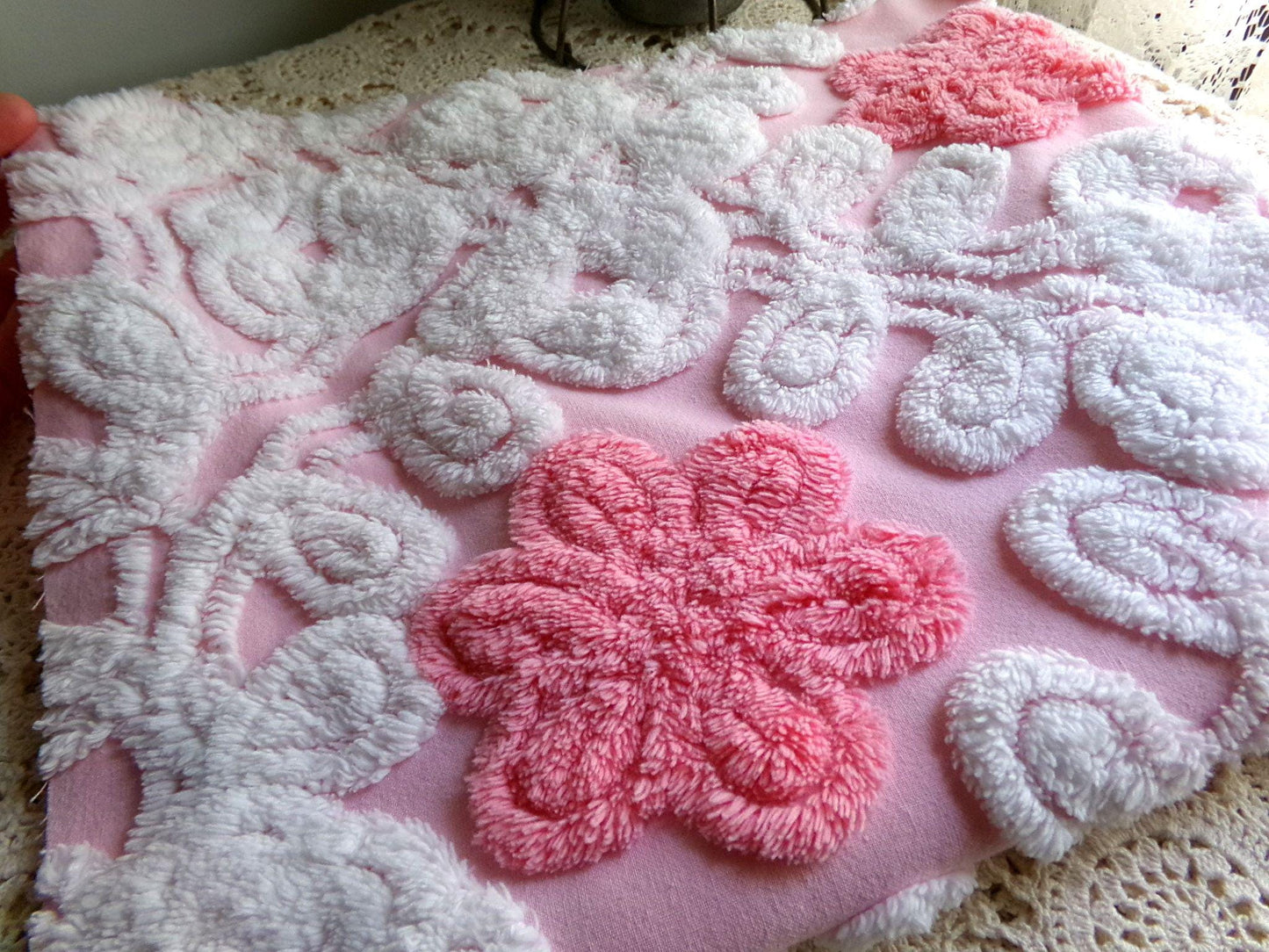 cupcake frosting pink chenille fabric, plush floral curlicue swirls, 22" x 25" inch piece of vintage material for sewing pillows & quilts