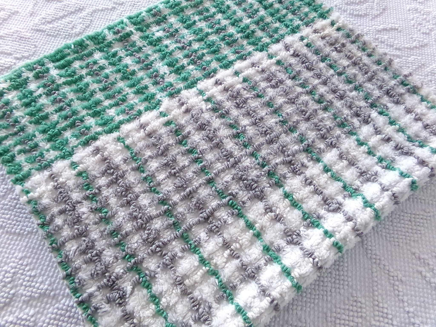 Plaid Vintage Chenille Fabric, Kelly Green & Dove Grey, 17" x 24" inch Piece for Sewing, Crafts, Quilting
