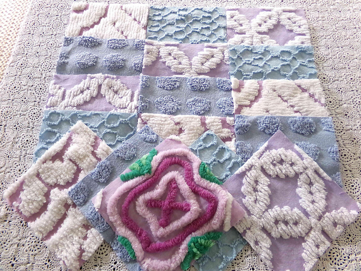 sleep sweetly chenille fabric squares, calming blue, lilac & white, 17 vintage quilt blocks 6" x 6" inch, for pillows, quilting, crafts