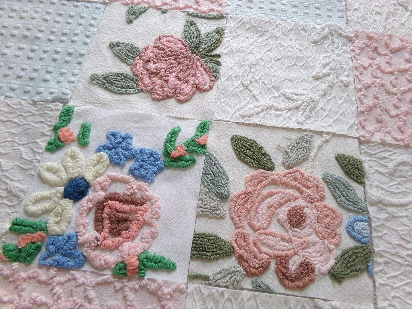 garden beauties vintage 6" chenille squares, set of 16 quilt blocks rotary cut from lovely vintage chenille & matelasse bedspread fabrics