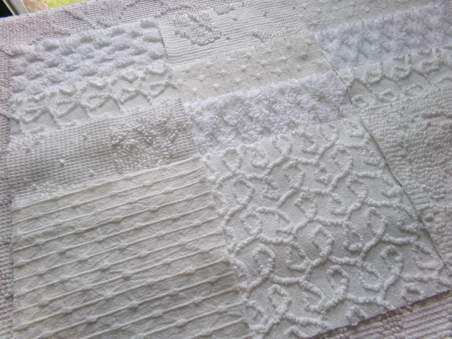 white vintage 6" chenille squares, set of 12 quilt blocks in a classic selection of popular patterns for sewing & crafts