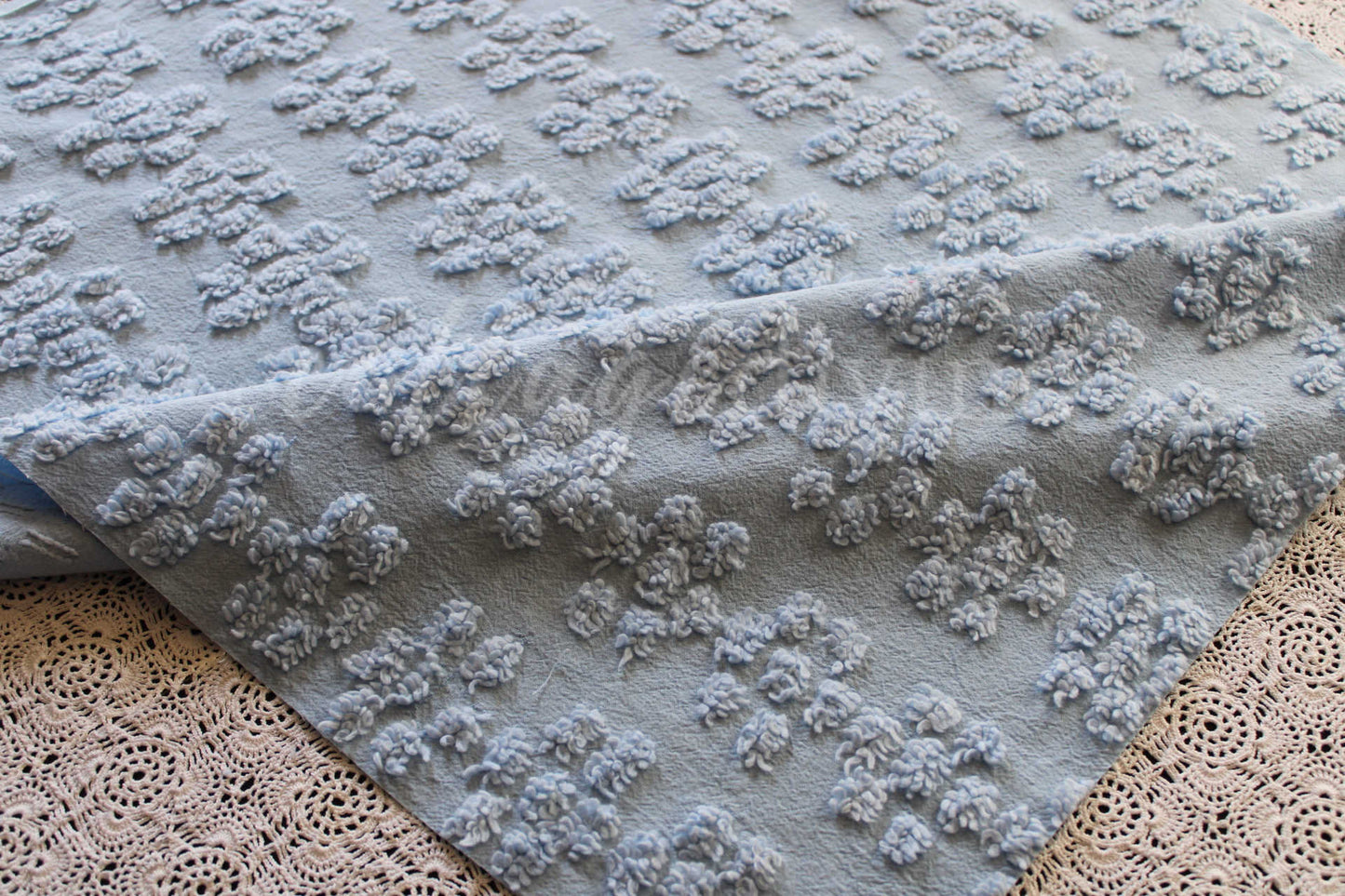Adorable Blue Daisy Vintage Style Chenille Quilt Fabric, 24" x 20"-inch Piece