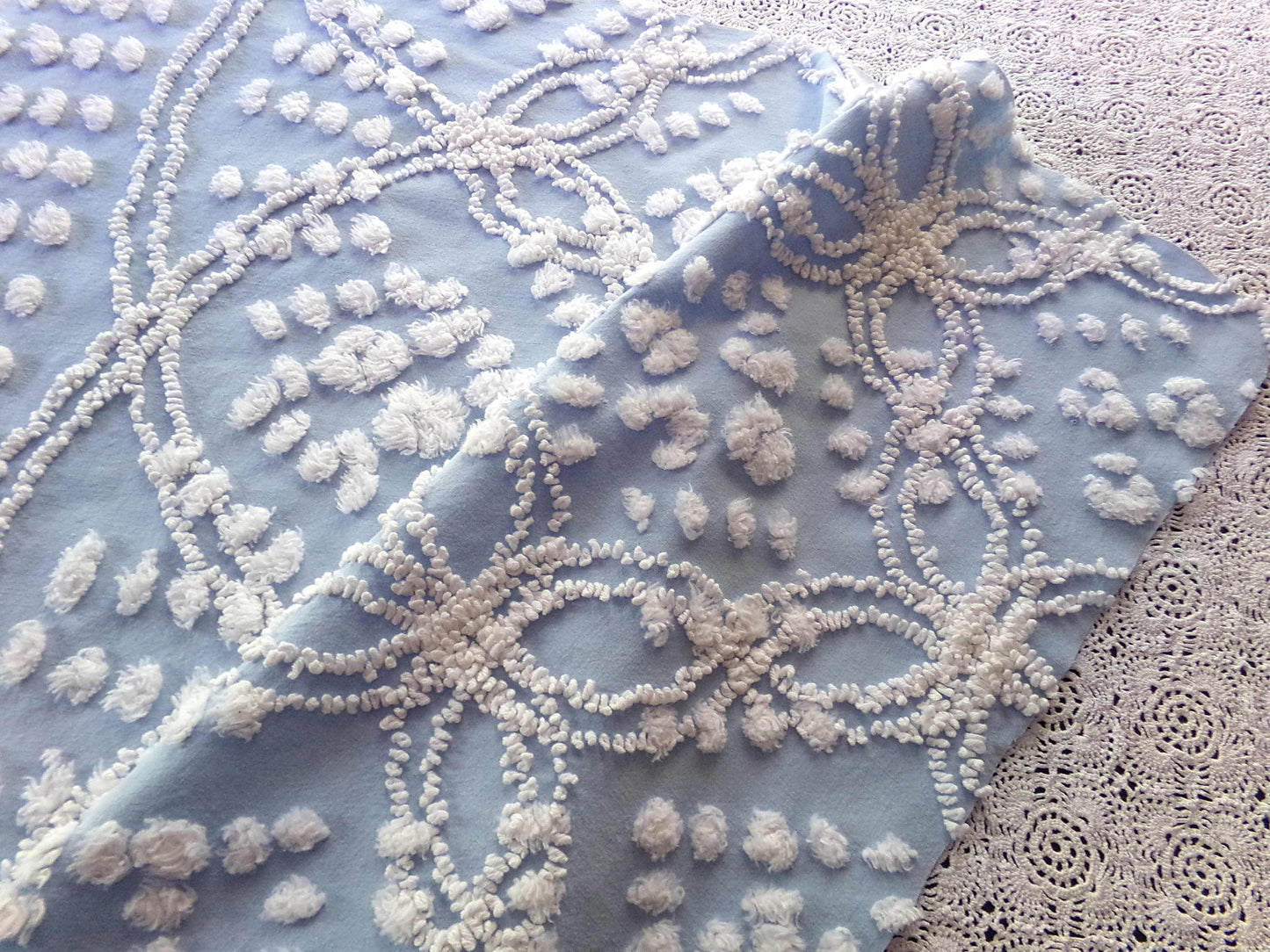Beach Chic Blue & White Vintage Chenille Quilt Fabric, 23" x 26" Piece, 100% Cotton Classic Design