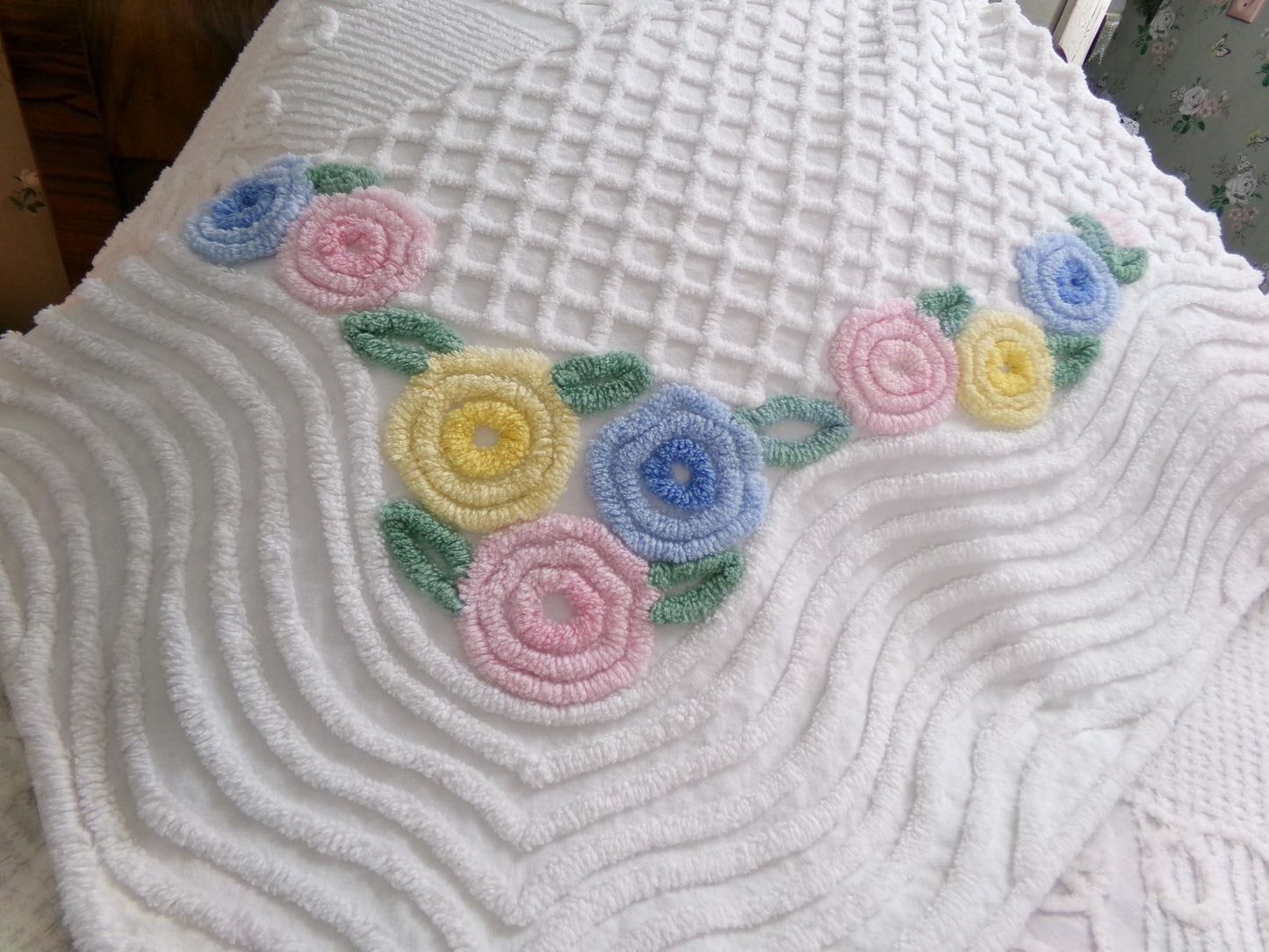 cozy vintage chenille lap blanket in simple cottage florals on white cotton, great porch throw, layering piece, small coverlet, 40"W x 57"L