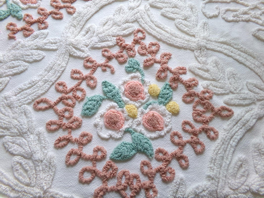 frosted cake sculpted vintage chenille fabric, cream botanicals & autumn roses, 35" x 20" inch piece of beautiful sewing material