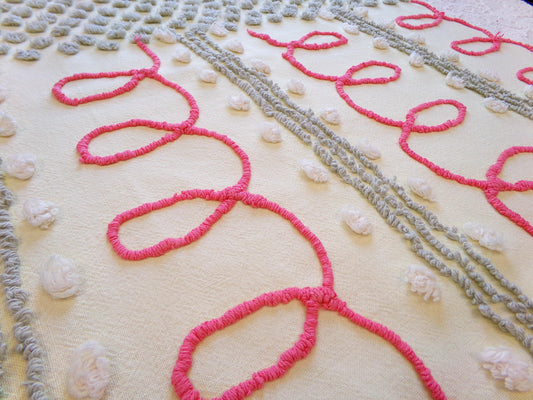 doodles & dots vintage chenille fabric, red loops w/ grep pops on buttery yellow, 20" x 24" cut piece