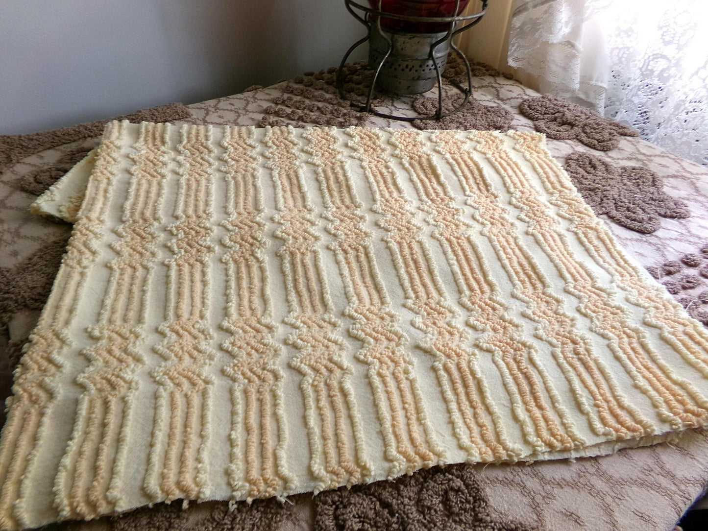 cosmic vintage chenille fabric in fantastic yellow lightning strike pattern, 19" x 30" cut fabric piece w/ needletuft zig zag zaps
