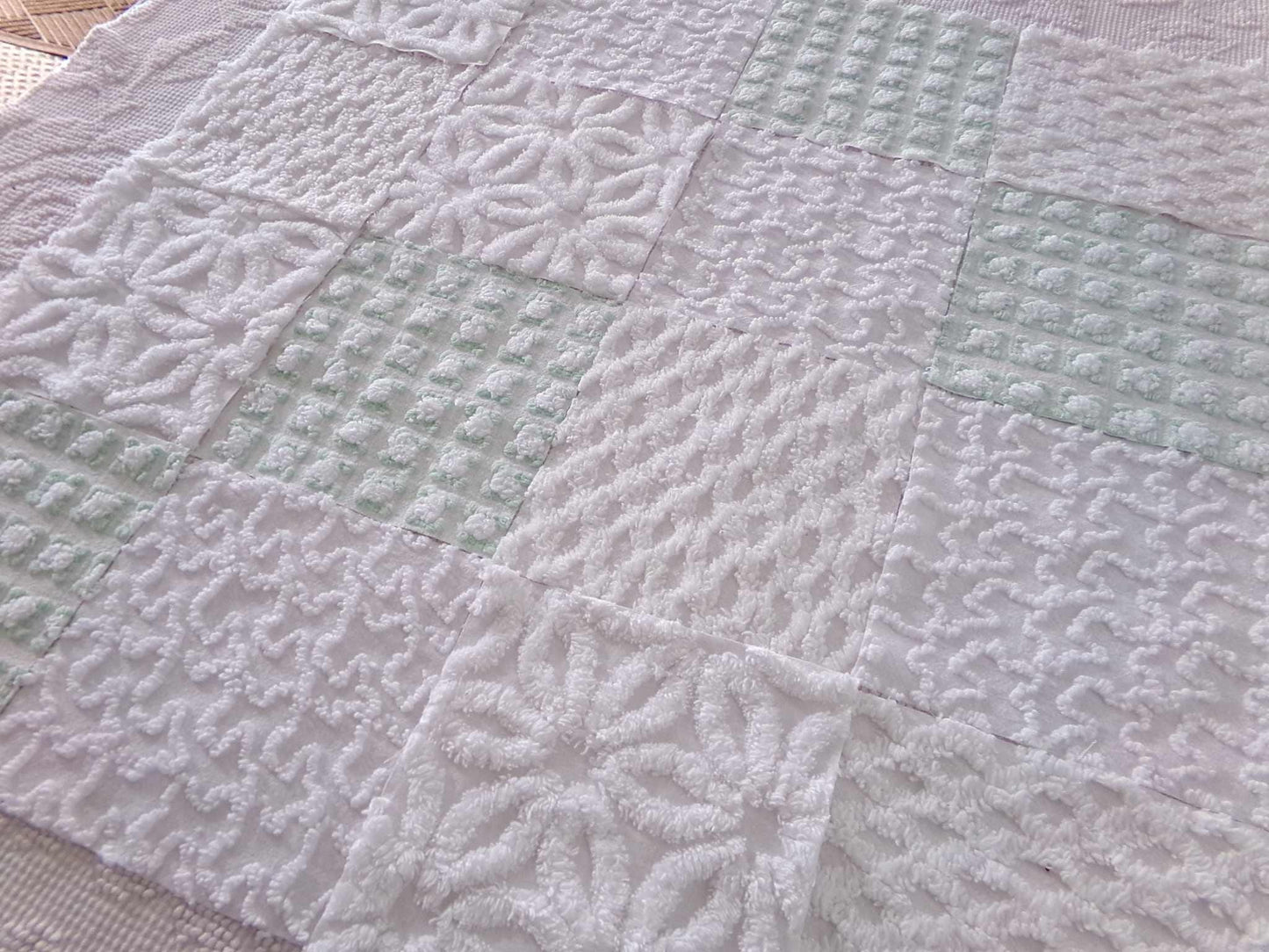 winter rose chenille fabric squares, white rosebud, daisy & geometric mix, vintage craft square set of 16 quilt blocks, 6" x 6" inch