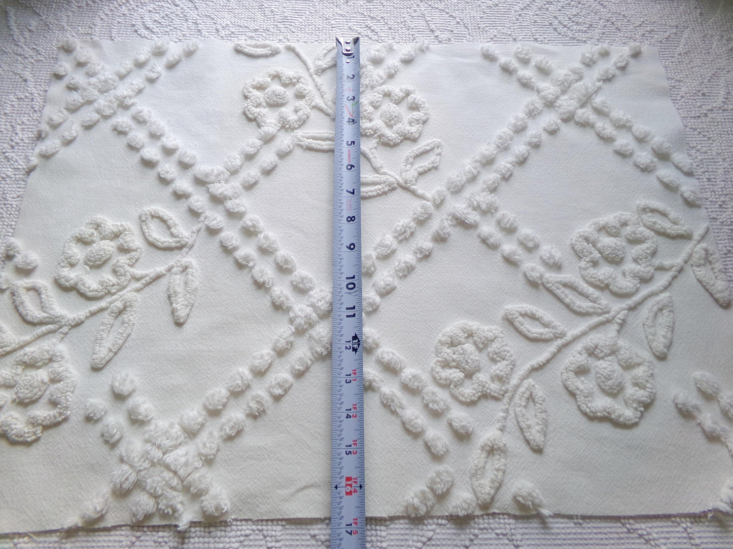 Vintage White Floral Chenille Fabric: Farmhouse Style 23" x 16" Cut Piece