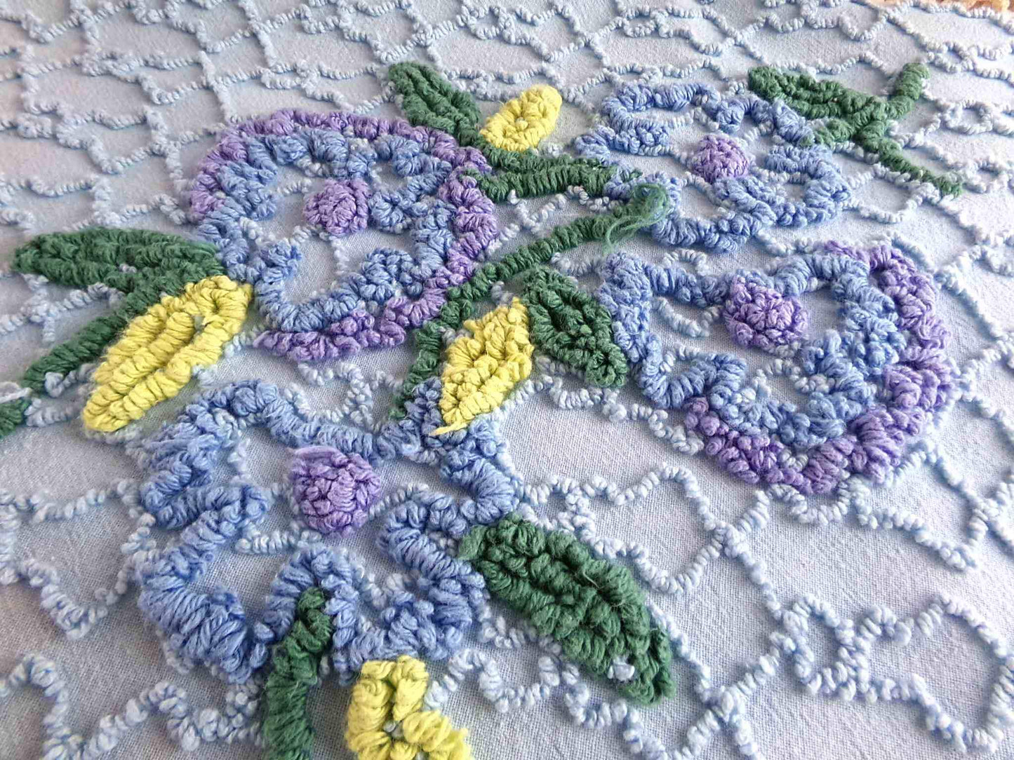 Evening Blue Floral Vintage Chenille Fabric in Chain Link Design with Tufted Flowers, 27" x 18" inch Piece, 100% Lightweight Cotton Material