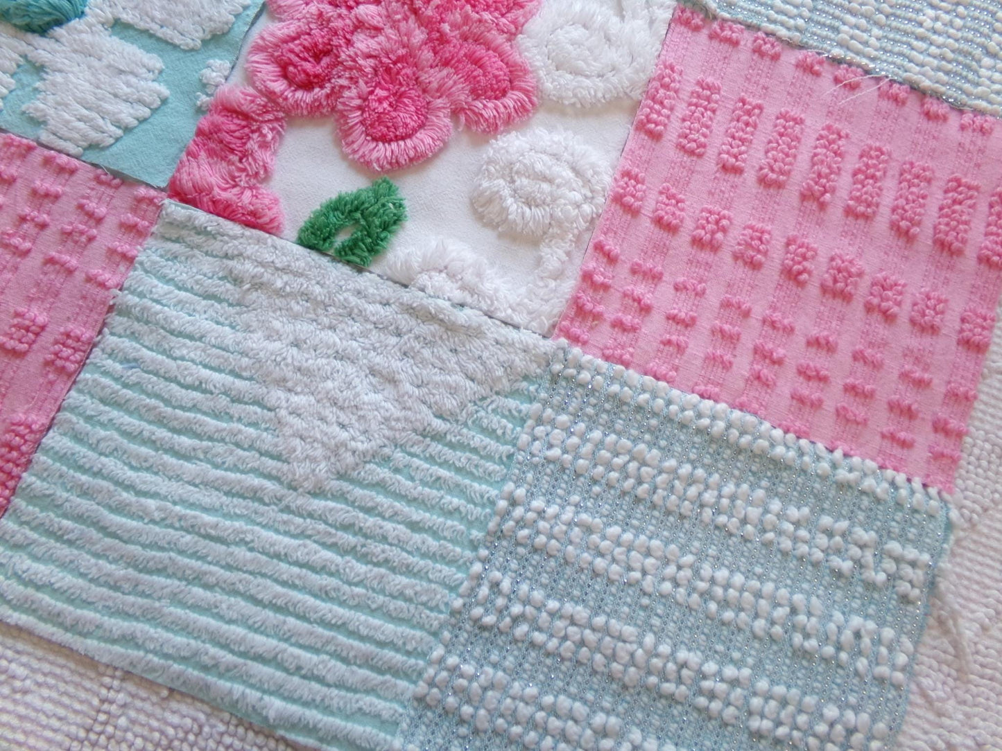 spring waltz vintage 6" chenille squares, set of 16 pink & aqua quilt blocks rotary cut from vintage chenille bedspread fabrics