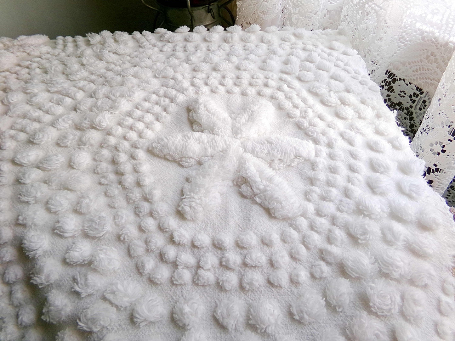 sweet stars 3D vintage chenille fabric, 100% cotton antique white sewing material for pillows, handmade chenille quilts, 28" x 18" cut piece