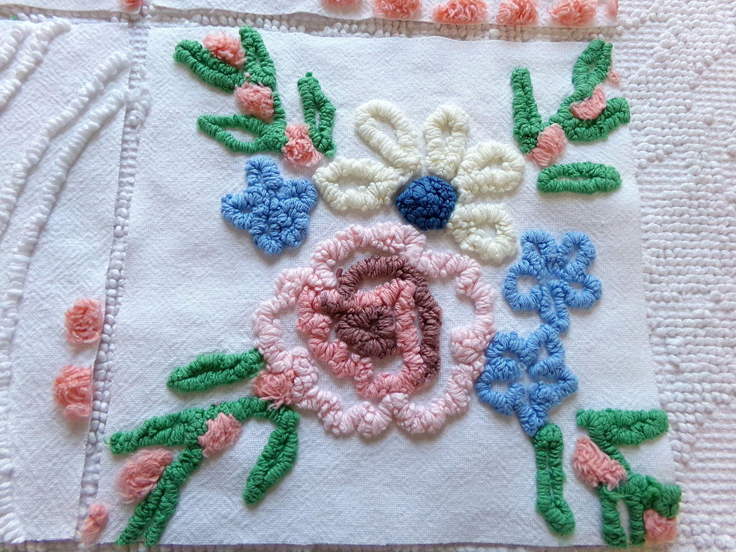 vintage 7.5" chenille fabric squares, set of 6 cottage style quilt blocks, peach, white rose floral & geometric for sewing, crafts, quilting