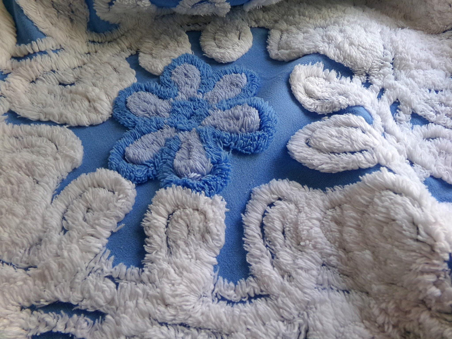 coastal cute blue chenille fabric, plush white swirls surround single flowers, 18" x 24" inch piece of vintage sewing material