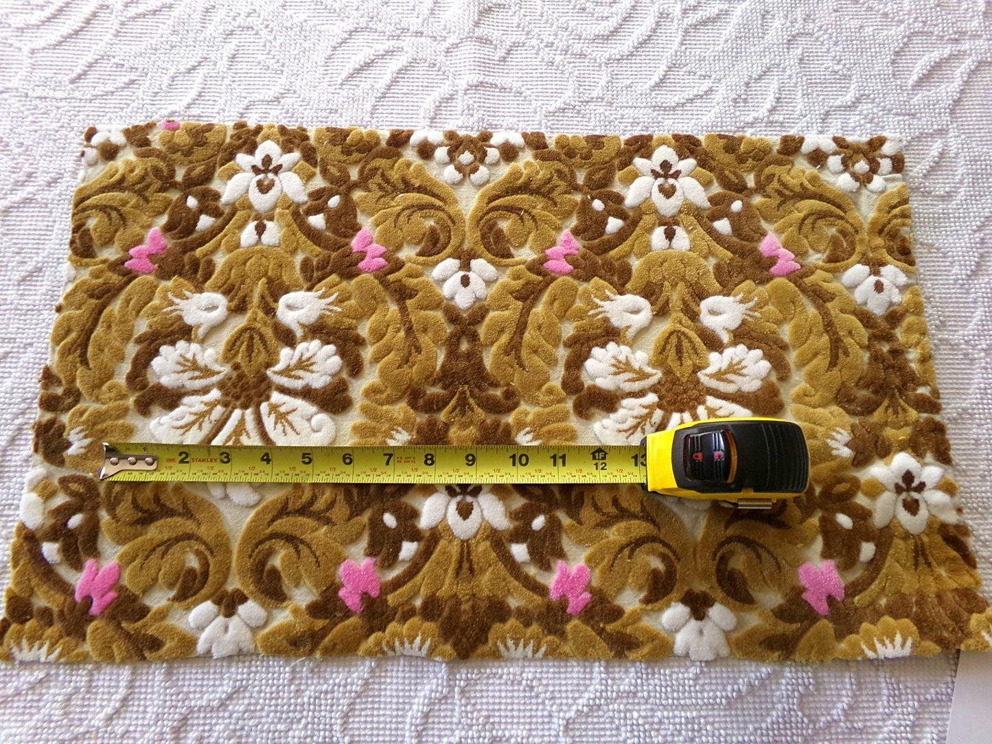 honey chocolate cut velvet fabric, vintage Bates tapestry chenille, 13" x 21" inch piece, ideal sewing material for small bags