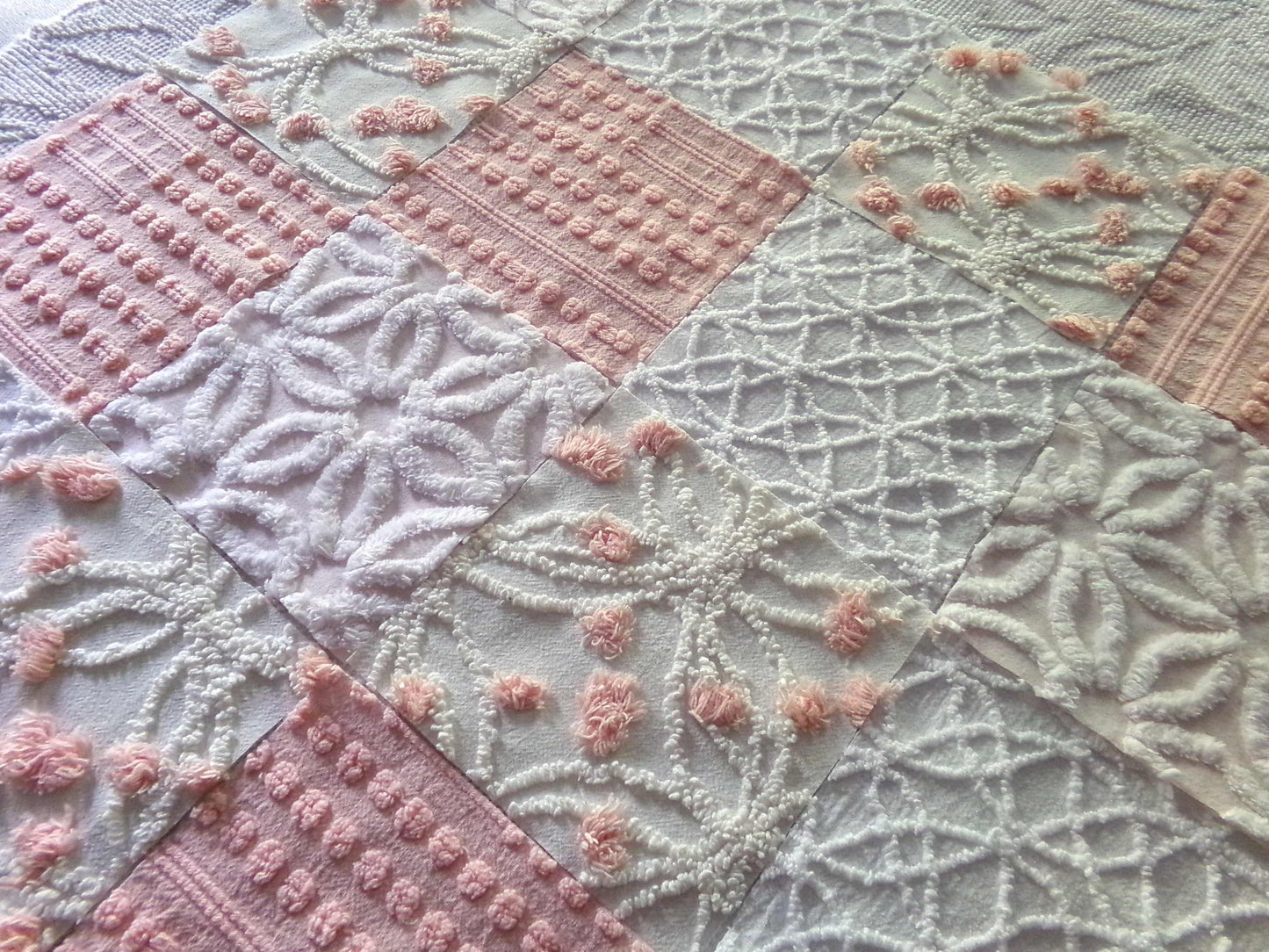 Chenille Fabric Squares Set, "Charmed", 16 Vintage Quilt Blocks, 6" inch in Pinks & White