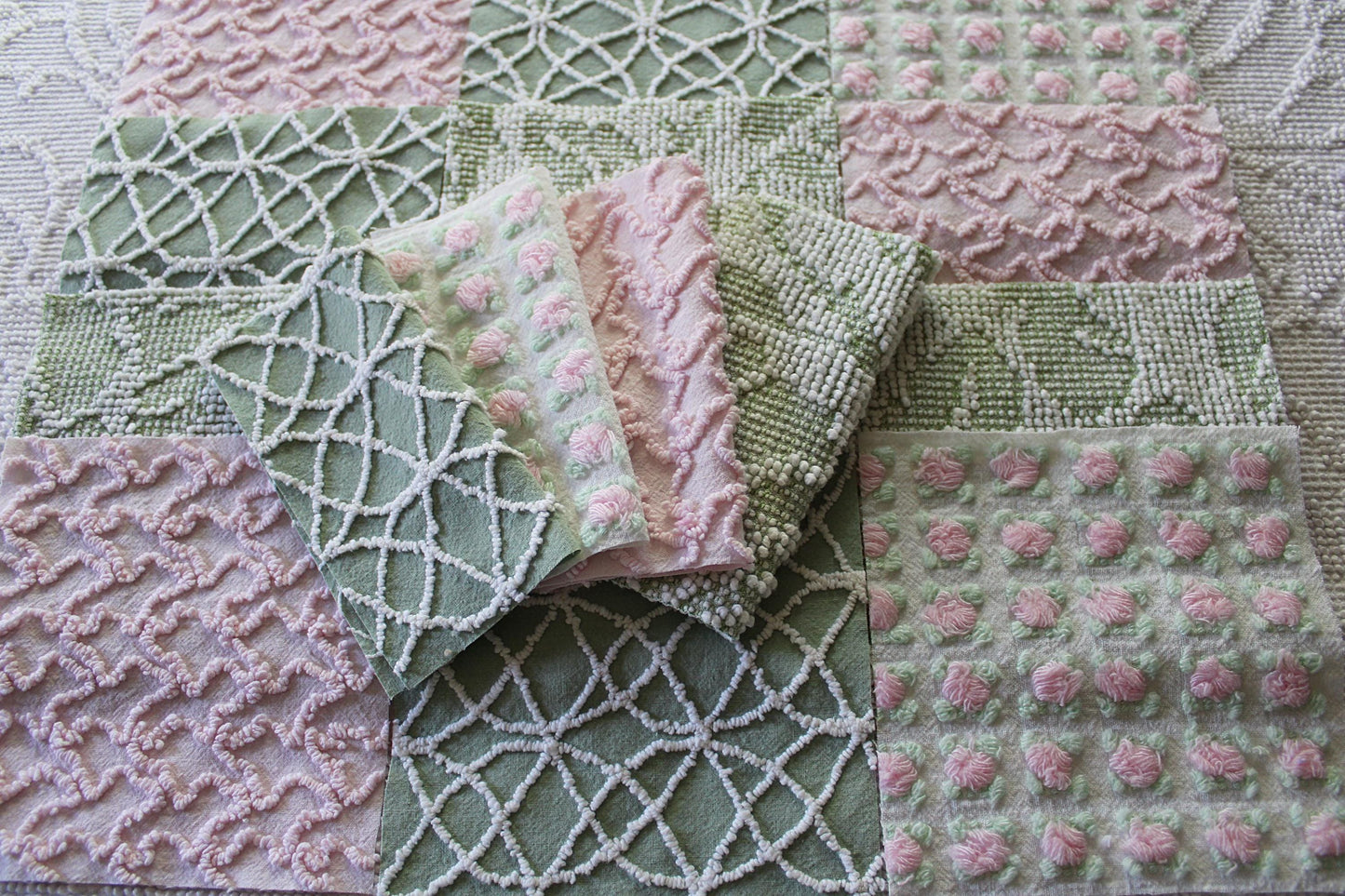 rosy romance chenille fabric squares, set of 16 vintage quilt blocks 6" inches ea, squiggle, hobnail, rosebud texture in jade & pink rose