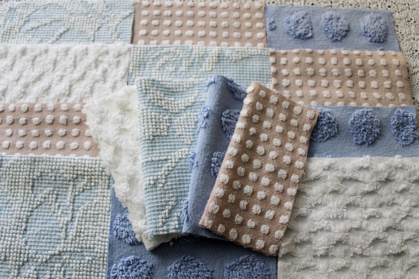 Serene Shores Vintage Chenille Fabric Squares, Blue, White & Sand Craft Square Set, 16 Blocks, 6" x 6" inch, Modern Chic
