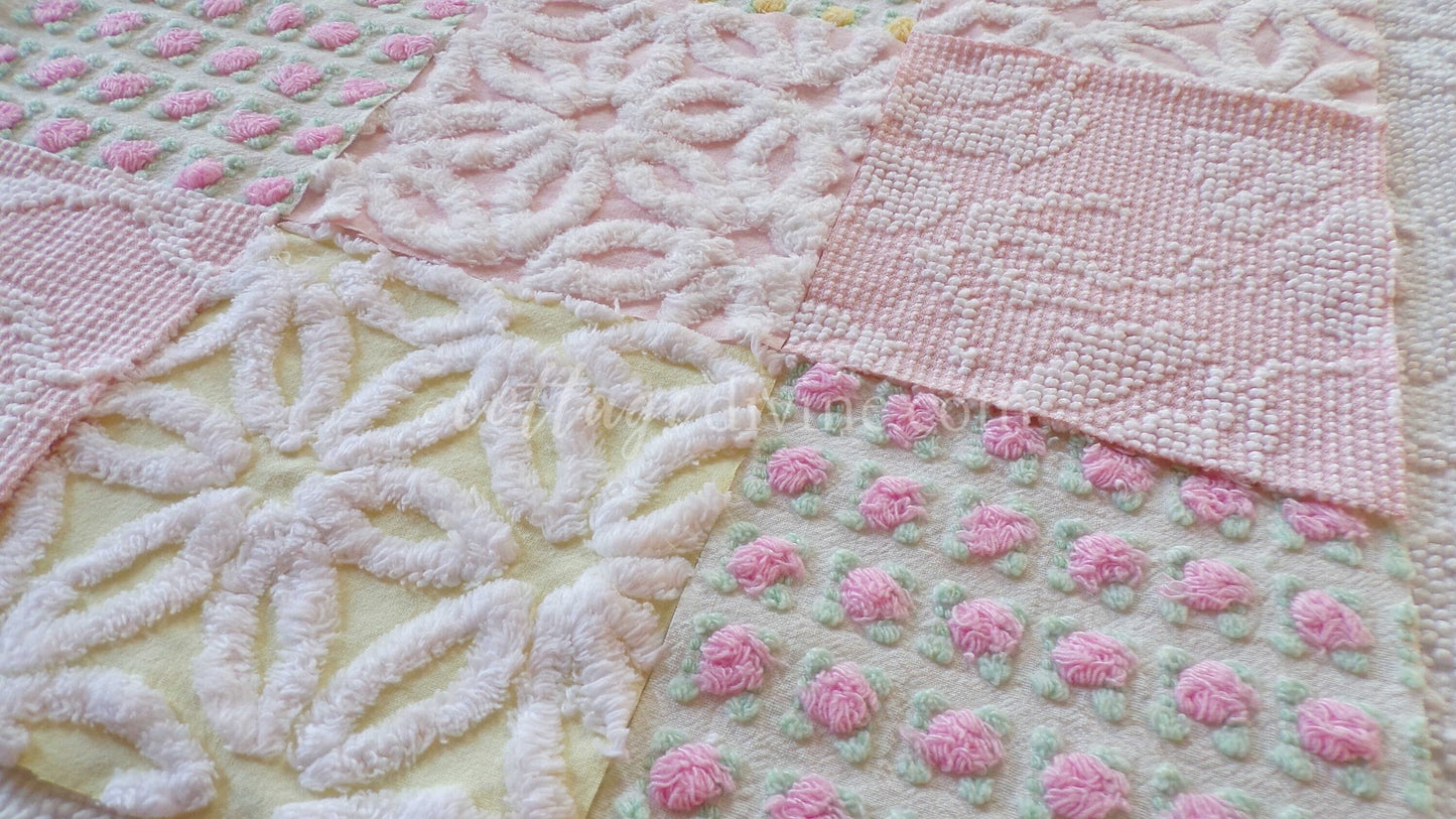 Chenille Fabric Squares Set, "Spring is in the Air", from Vintage Bedspread Fabrics, 16 Quilt Blocks, 6" inch, Cottage Pink, Yellow & White