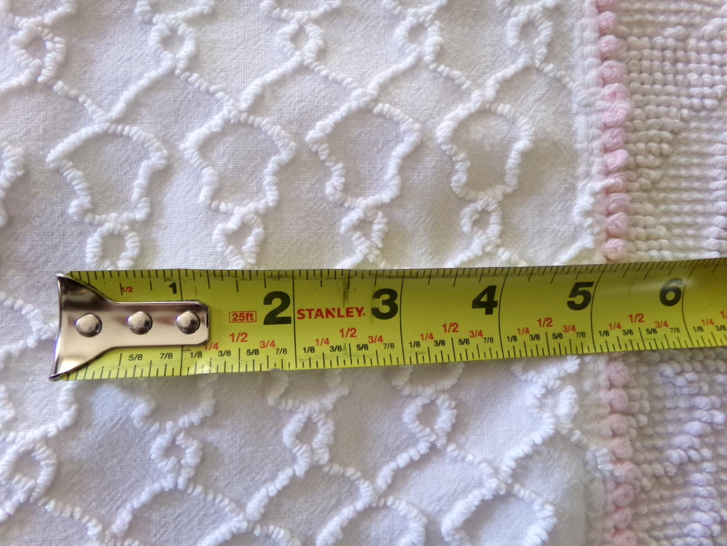 textured white chenille fabric, chain link design with pink bead tuft edge, 20" x 25" inches, ideal quilt sewing material
