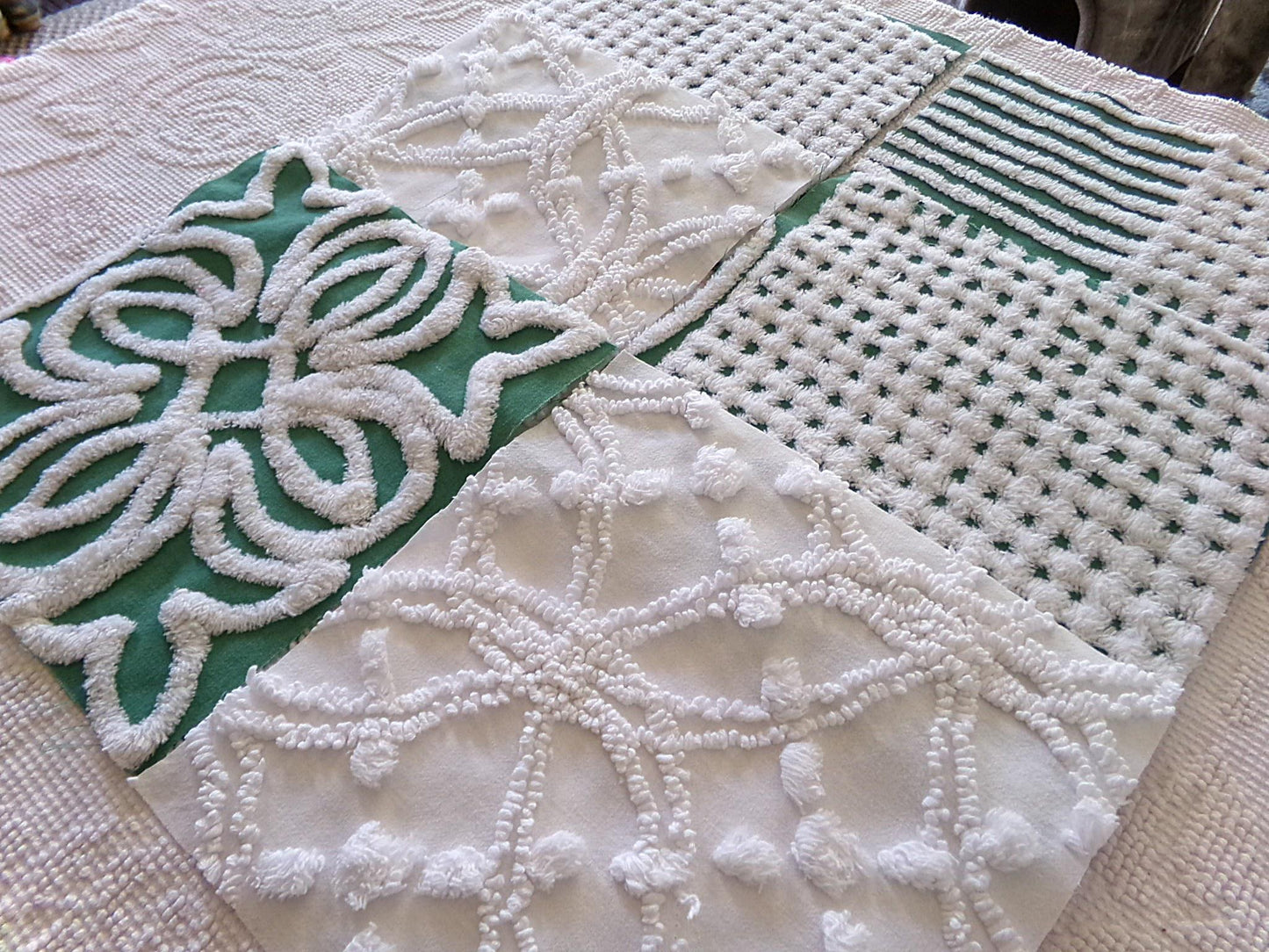 green & white chenille fabric squares, set of 6 large 9.5" square craft and quilt blocks, cut from vintage chenille bedspreads