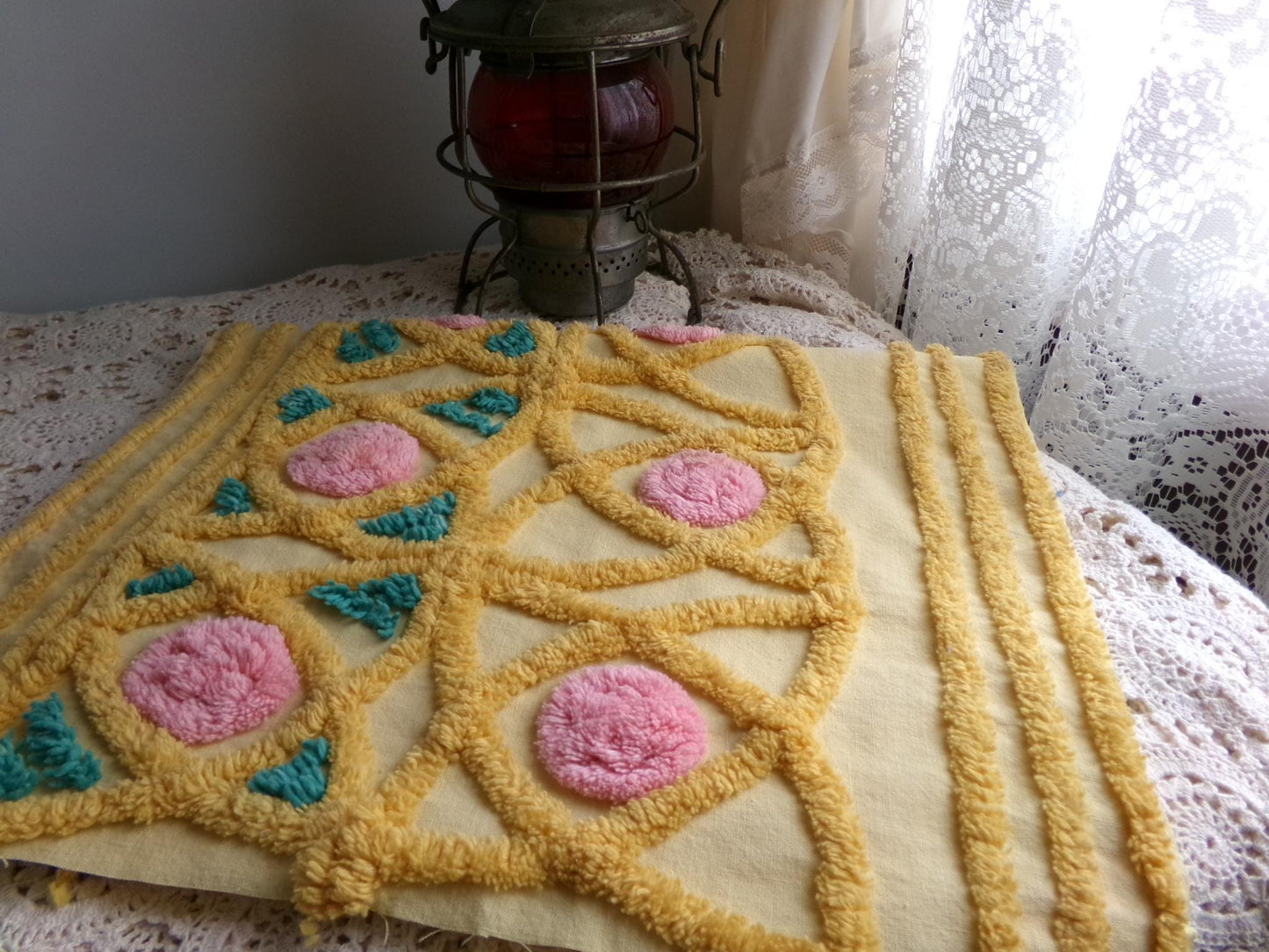 fairytale rose vintage chenille material, lovely quilt fabric, or for pillows, wall hangings, 15" x 23" piece, golden yellow & pink roses