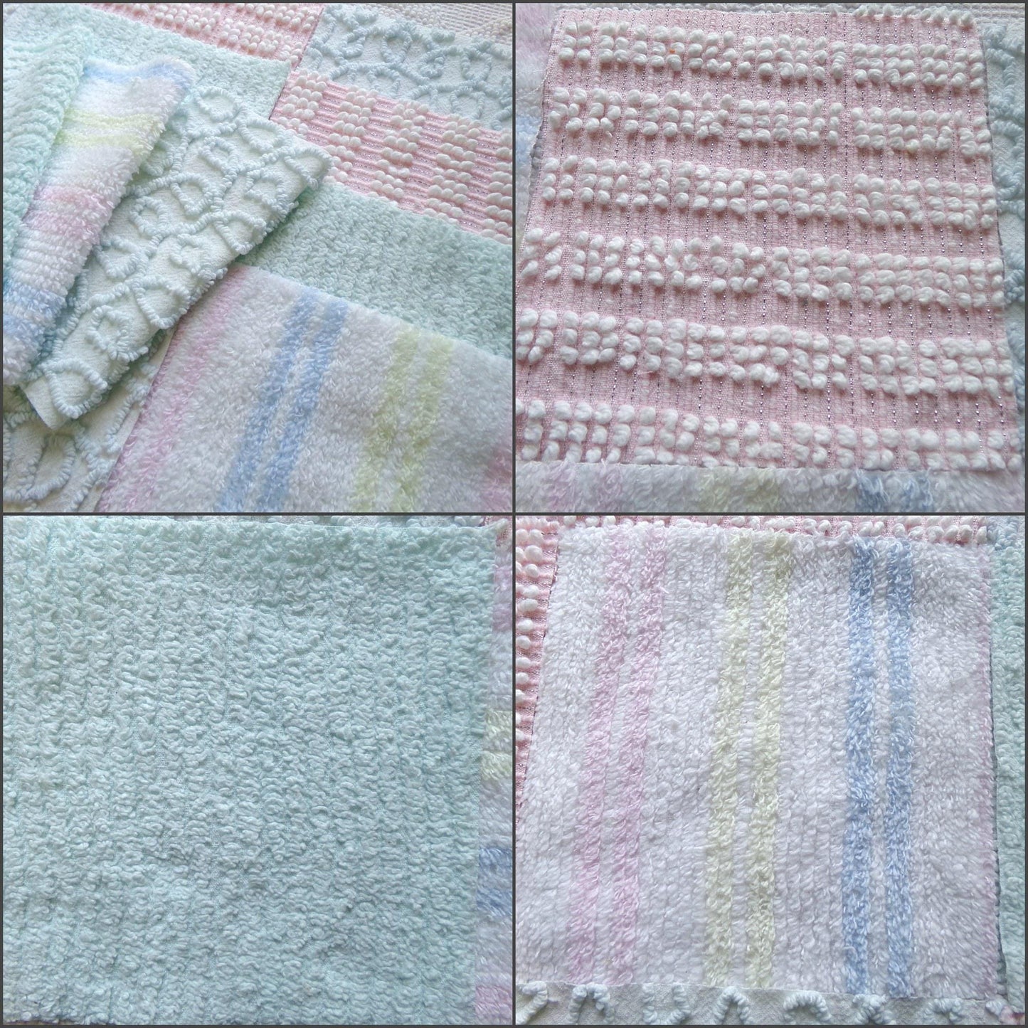 vintage chenille fabric squares, "summer rainbow" set of 16 pastel 6" quilt blocks, gentle geometric patterns, for quilting, crafts & sewing