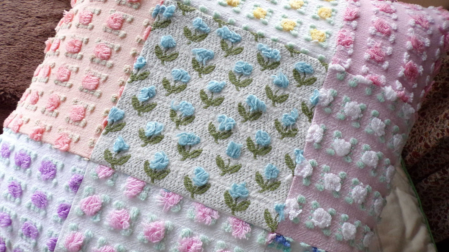 PATCHWORK Roses Floral Chenille Pillow Cover 16" x 16" inch Square, REVERSIBLE Accent Pillow Designed from Vintage Chenille Bedspread Fabric