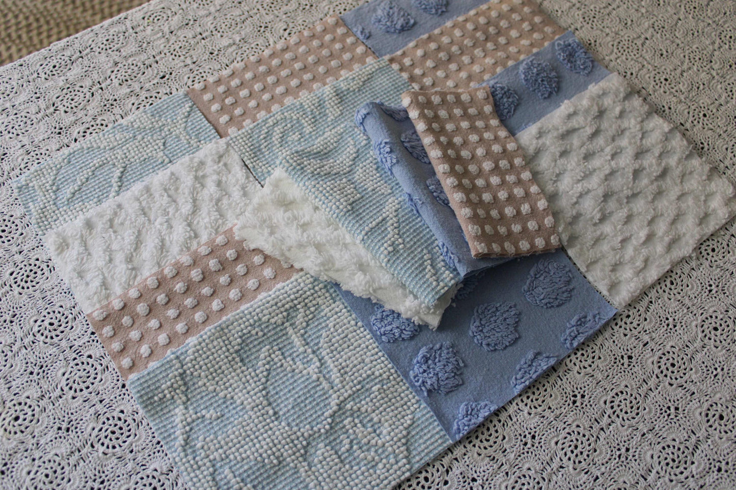 Serene Shores Vintage Chenille Fabric Squares, Blue, White & Sand Craft Square Set, 16 Blocks, 6" x 6" inch, Modern Chic