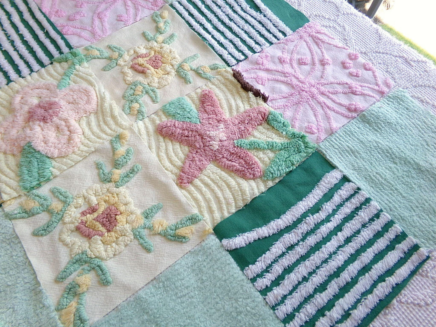 enchanted forest chenille fabric squares, set of 16 vintage craft quilt blocks 6" inches ea, yellow, green, pink & floral patterns