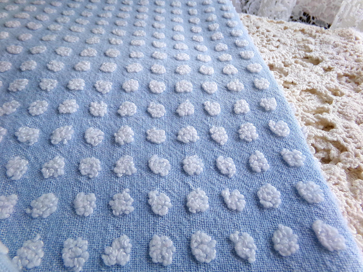 Bubble Dots Vintage Chenille Material, 24" x 18" inch Fabric Piece, Little White Pops on Sky Blue, Beachy Coastal Vibes