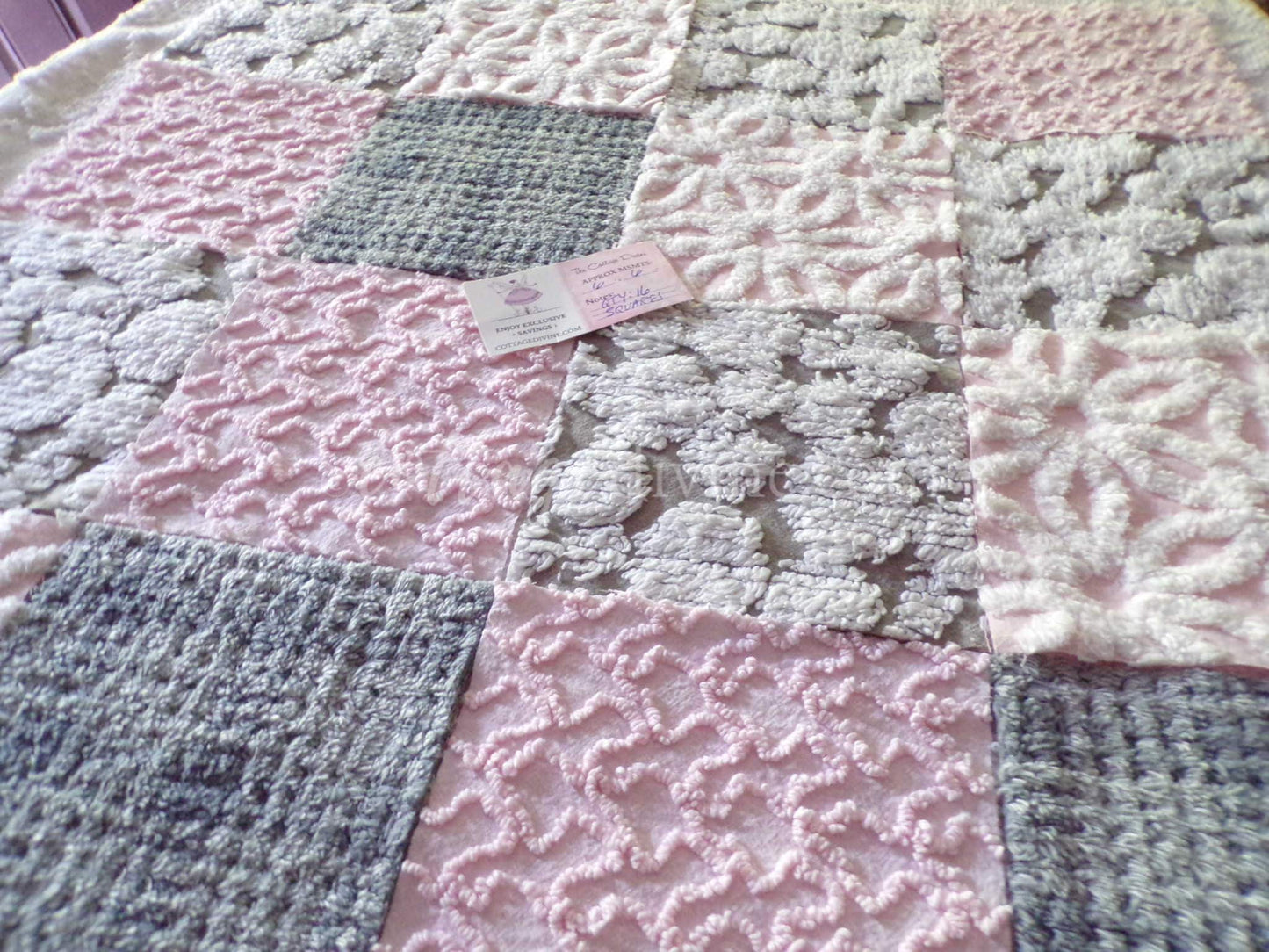 modern pink & grey chenille fabric squares, set of 16 vintage 6" quilt blocks for sewing, quilting, fiber arts