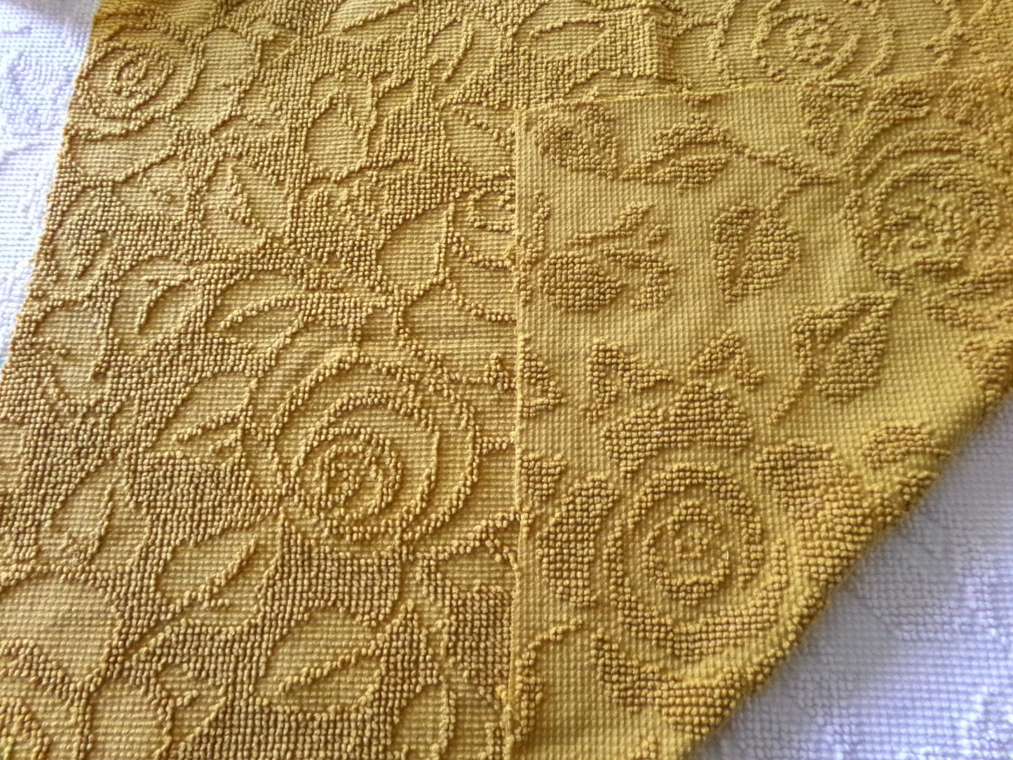 boho rose hobnail chenille fabric, vintage saturated retro harvest gold woven sewing material with pom pom trim 20" x 24" inch reversible pc