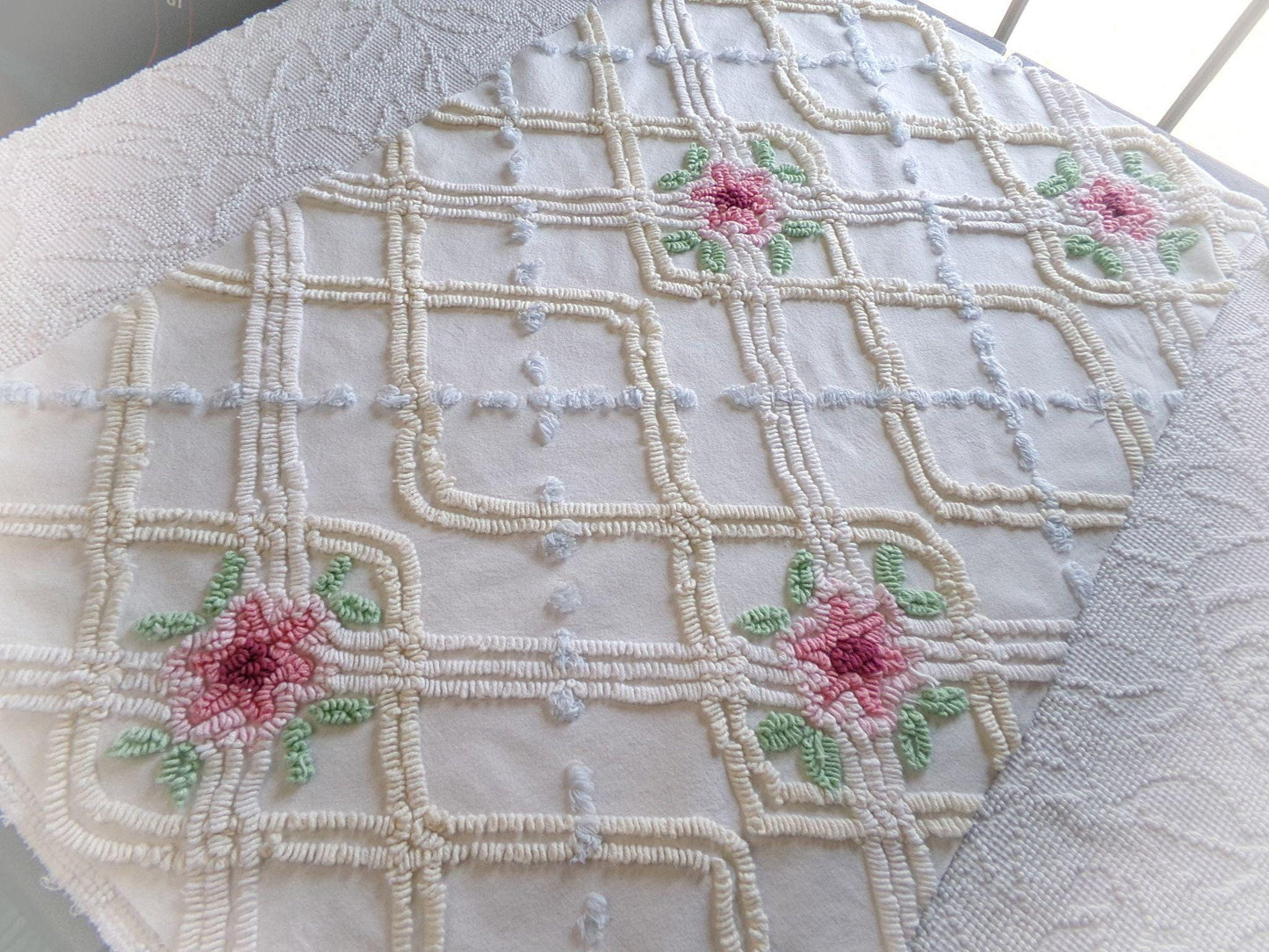 neutral pink rose vintage chenille fabric, beautiful 20" x 30" inch piece of cotton sewing material for quilting & crafts
