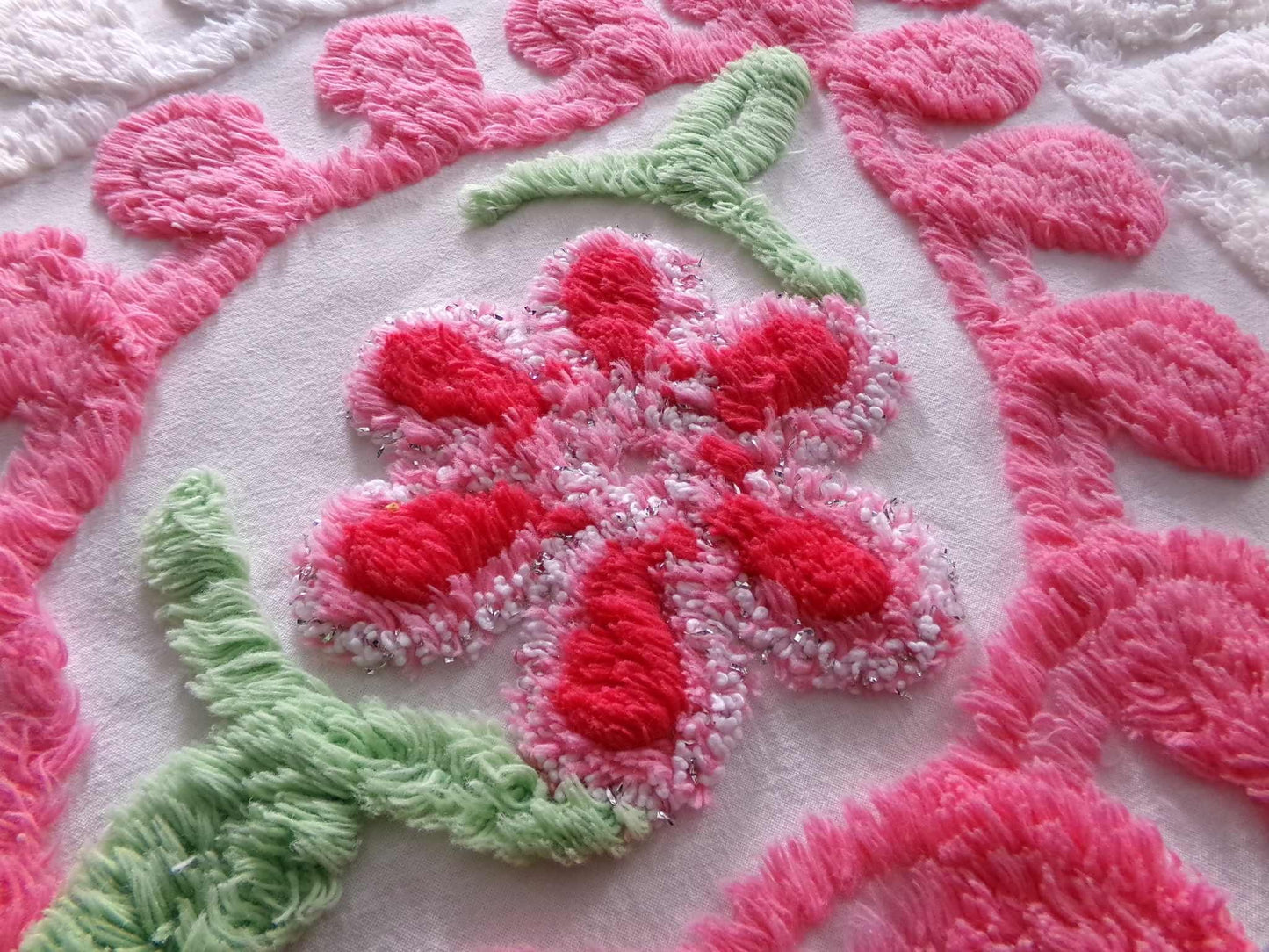 Hourglass Curlicue Vintage Chenille Fabric Piece, Sparkle Rose Flowers, 16" x 28" inches
