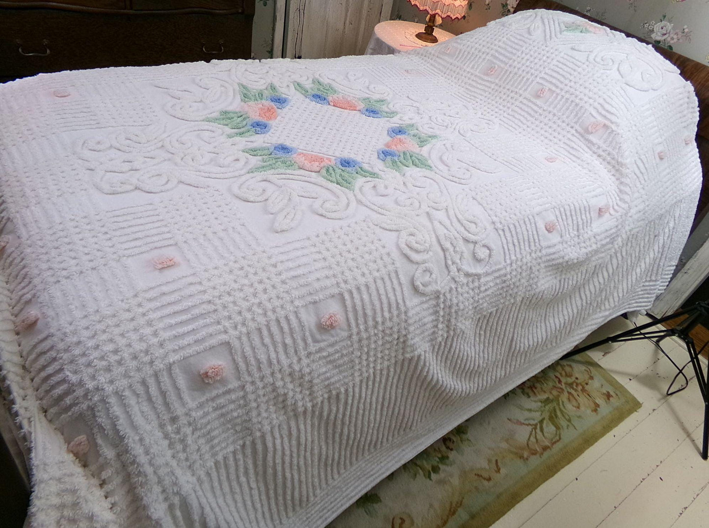 roses in winter vintage chenille bedspread, white cotton summer coverlet, classic cottage style full size bedding