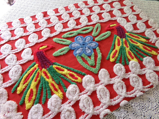 Vintage Peacock Chenille Bedspread Fabric, Pair of Lovebirds on Vivid Red & White Curlicues, 31" x 20" inch Piece, 100% Cotton