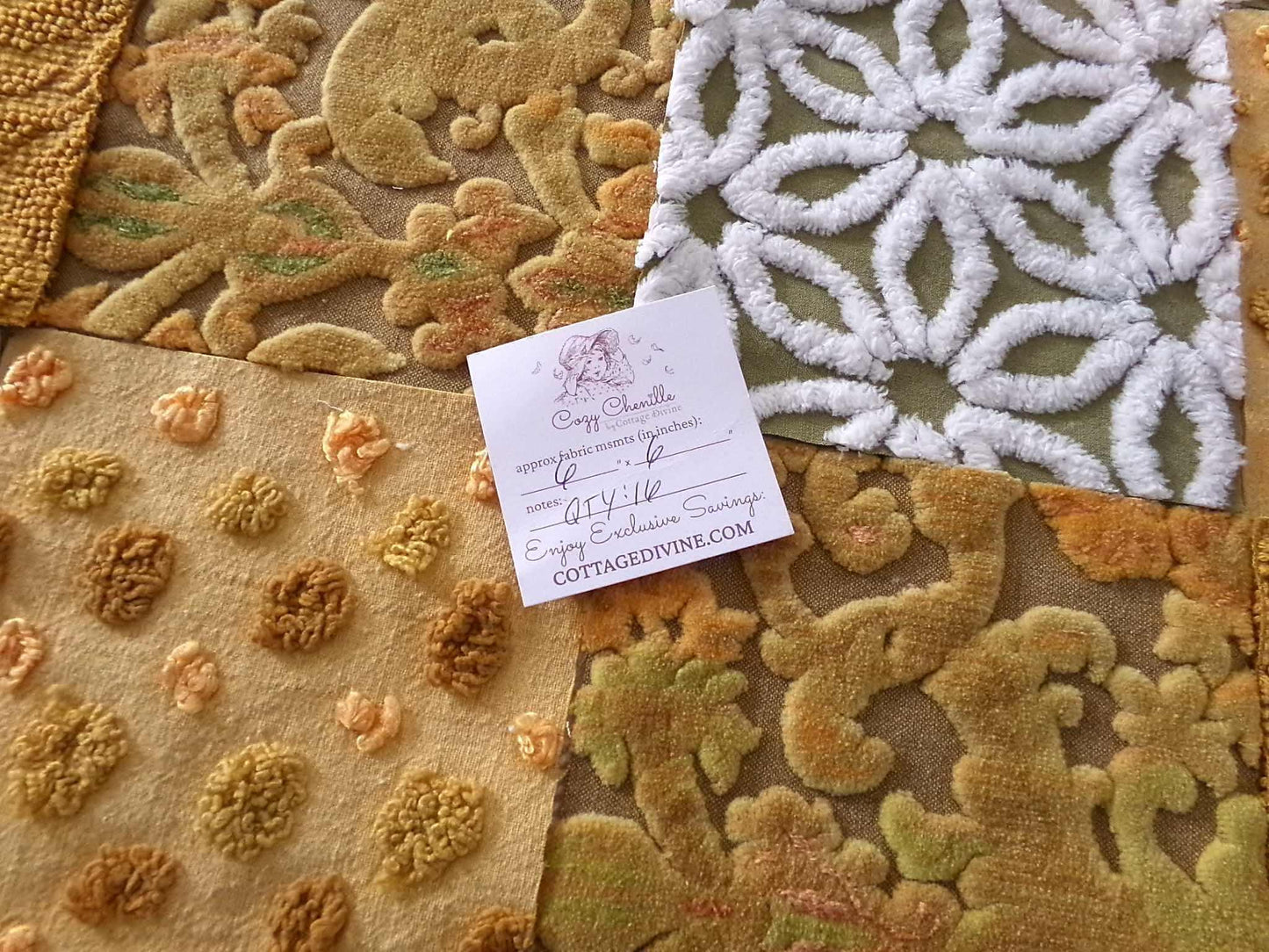boho mama velvet & chenille fabric squares, earthtone daisy, dots, 16 vintage quilt blocks 6" x 6" inch, for pillows, quilts, crafts