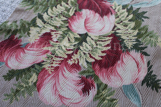 Fabulous Pink Plume Vintage Barkcloth Fabric, 18" x 25" inch Piece, Botanical Floral Print on Cool Grey, Great for DIY Pillows