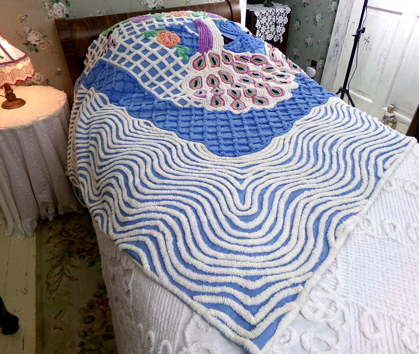 peacock vintage chenille bedspread, lovebirds under a sky blue flower garden trellis, luxury midcentury full size bedding