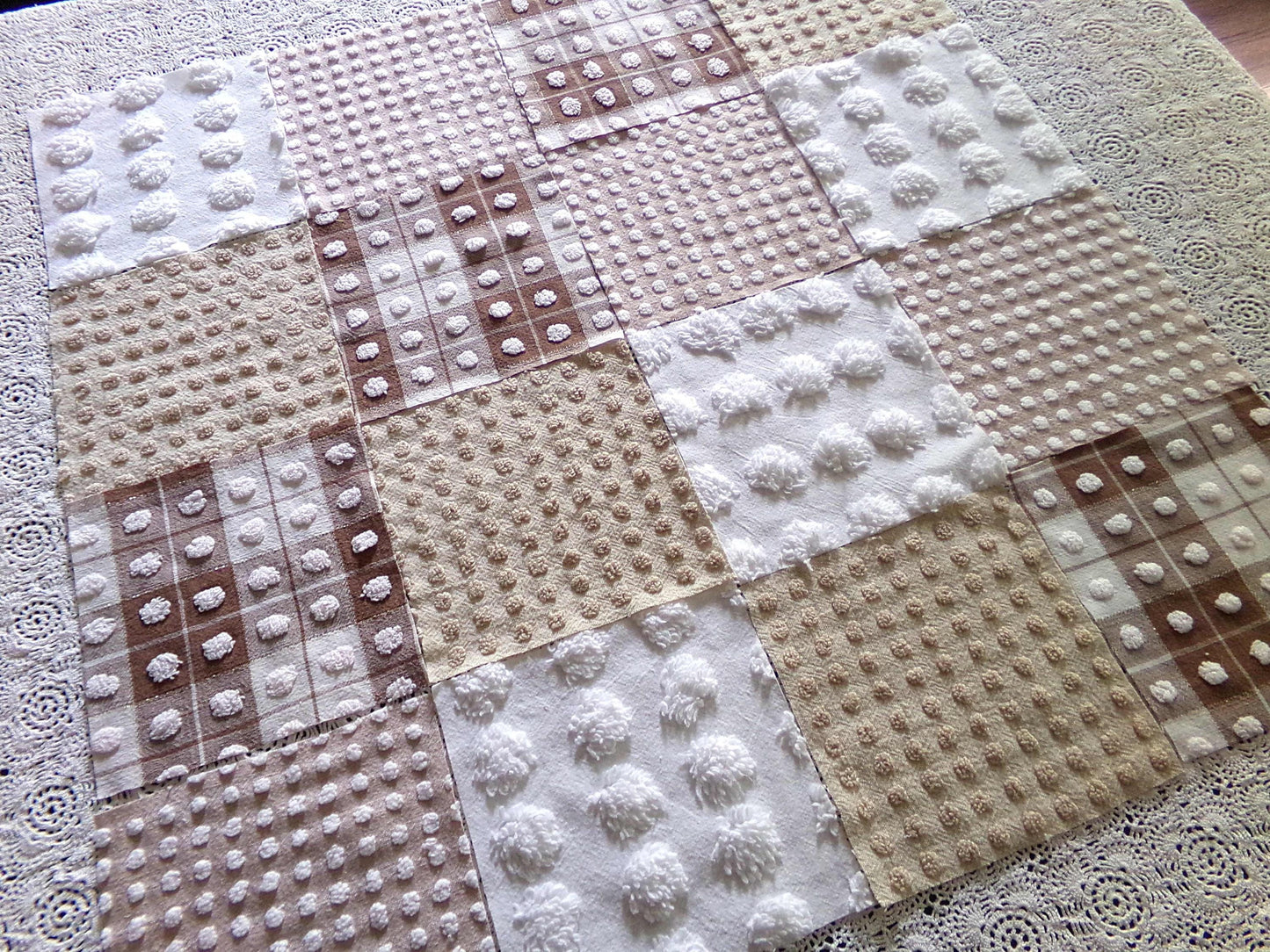 teddy bear browns chenille fabric squares, set of 16 vintage 6" quilt blocks for sewing, quilting, crafts in mocha, chocolate & white pops