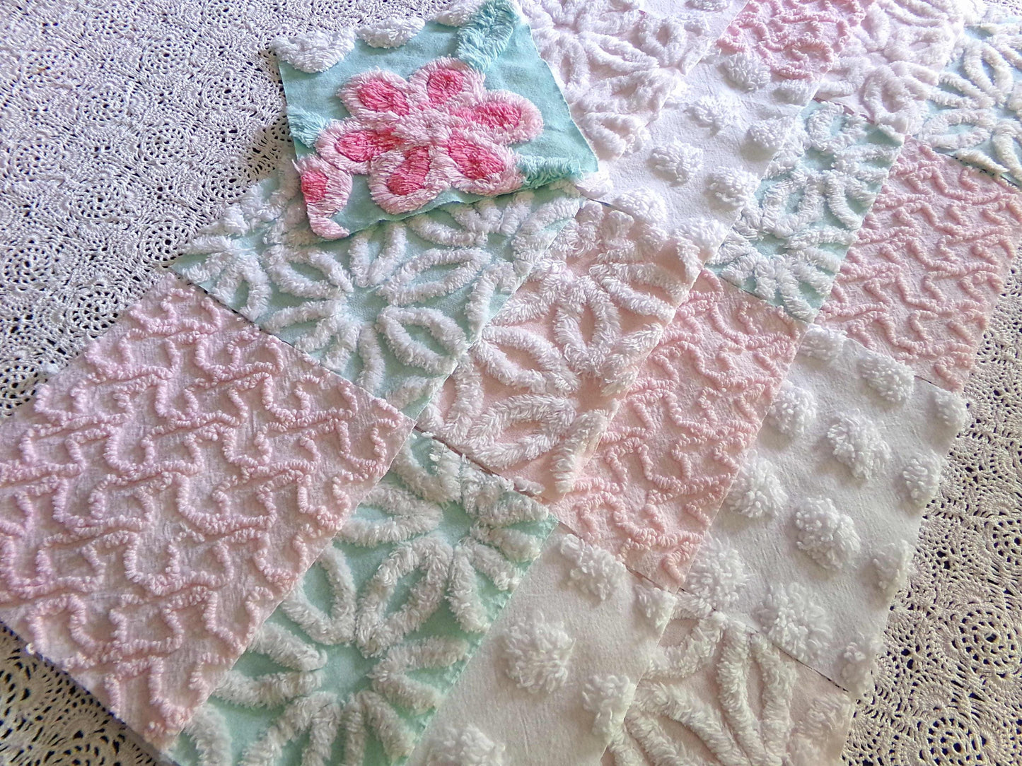 cottage chic 6" chenille squares, set of 17 aqua, pink & white quilt blocks cut from vintage chenille bedspread fabrics, daisies 'n dots